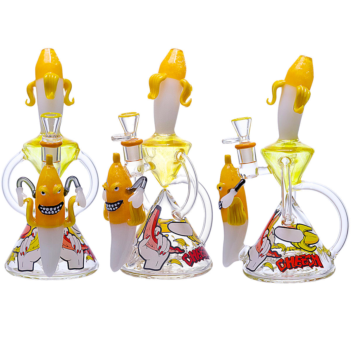 Cheech Slippery Peeled Banana Designs All Over Cone Shaped Recycler Waterpipe (CHE-384) | 11 inches | Assorted Colors product image
